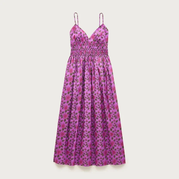 Smocked-waist V-neck dress in map print