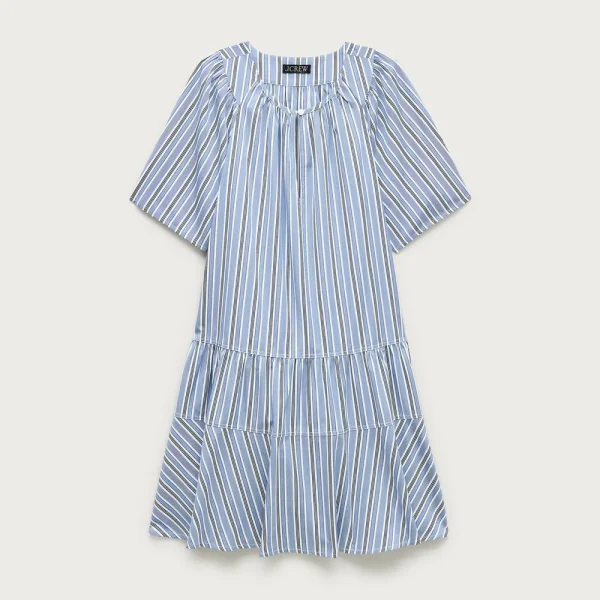 Tiered popover dress in striped cotton poplin
