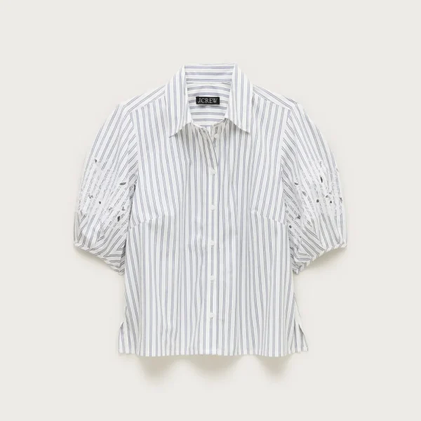 Eyelet puff-sleeve shirt in striped cotton poplin