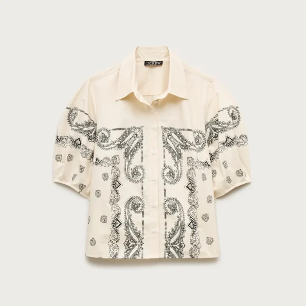 Bell-sleeve button-up shirt in bandana print