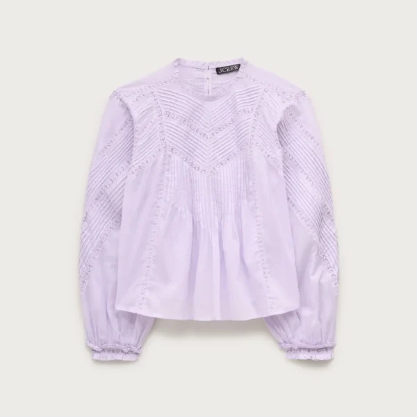 Lace-trim pintuck top in cotton voile