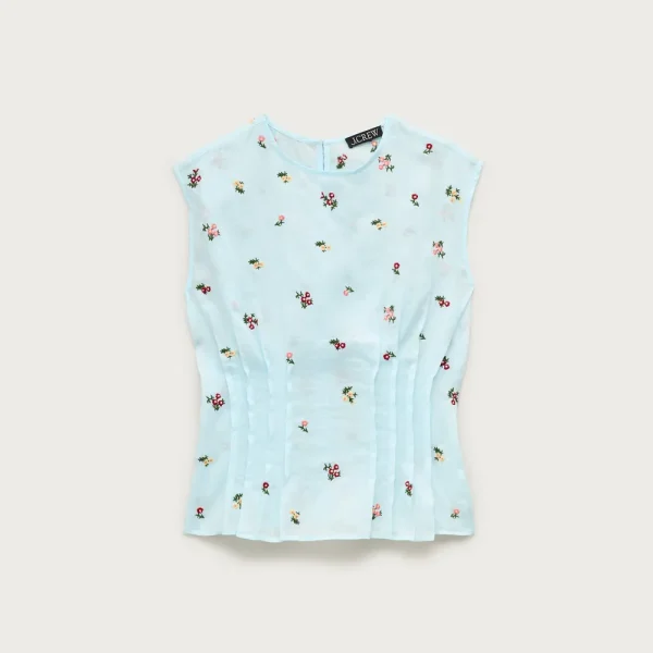 Pintuck shell top in ramie with embroidered florals