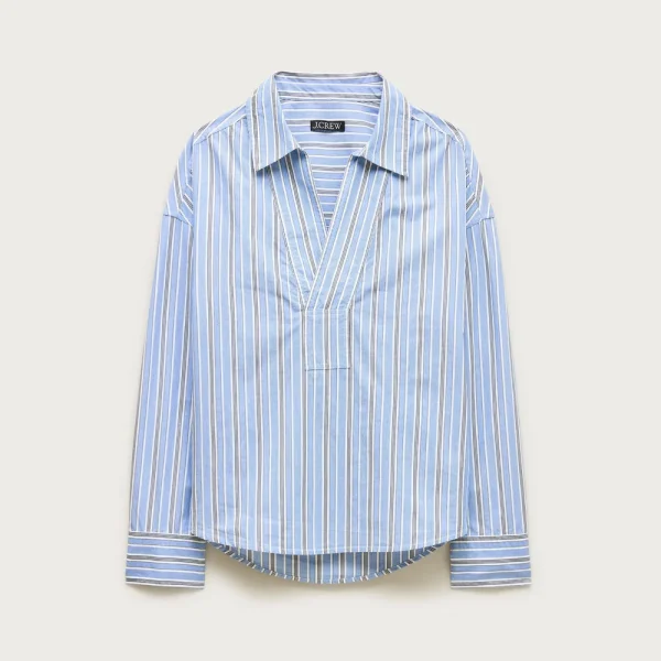V-neck popover shirt in striped cotton poplin
