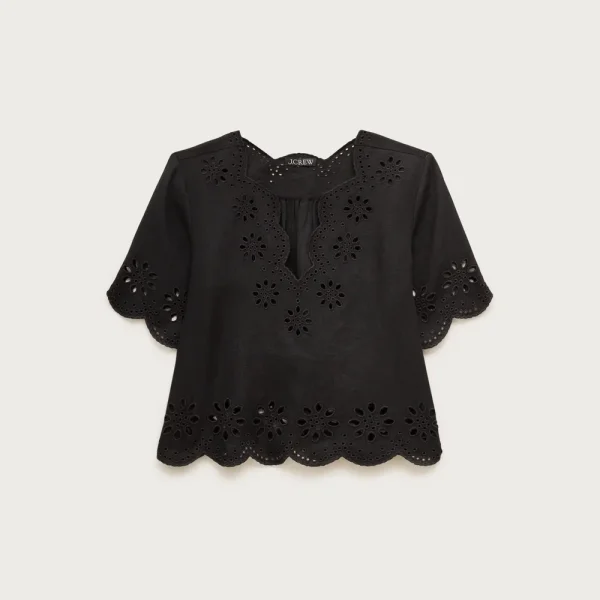 Embroidered eyelet top in linen