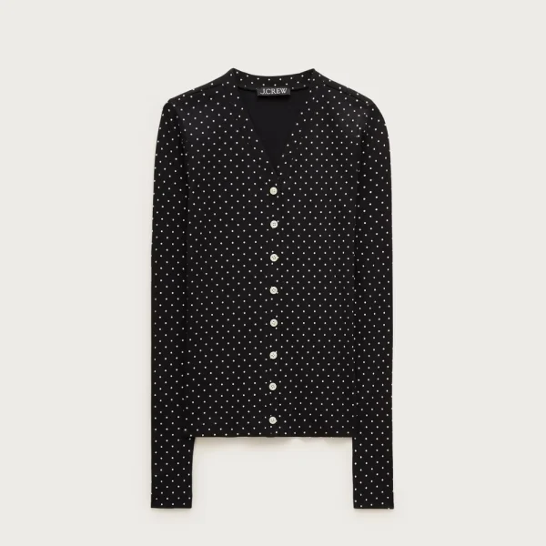 Lightweight rib high V-neck cardigan top in dot print