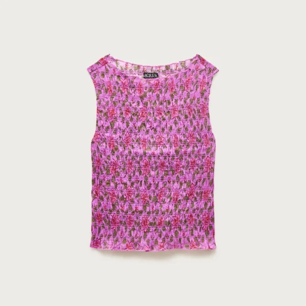 Smocked shell tank top in floral-print ramie