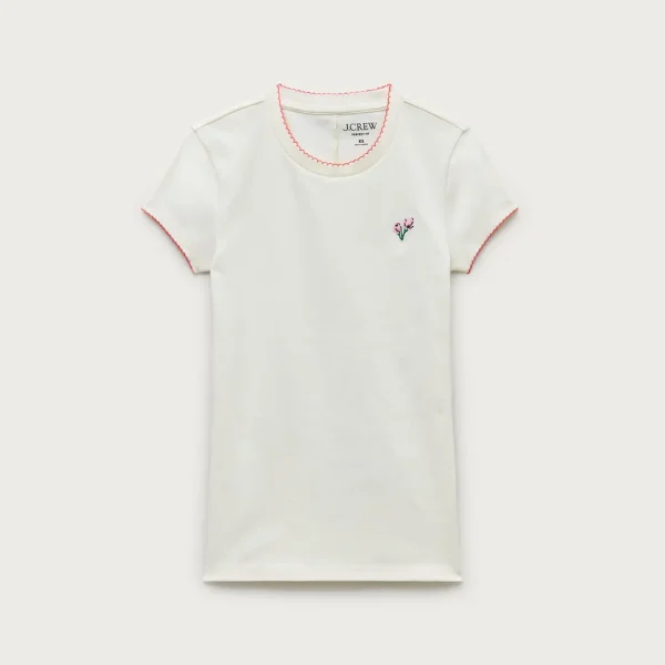 Perfect-fit crewneck T-shirt with flower embroidery