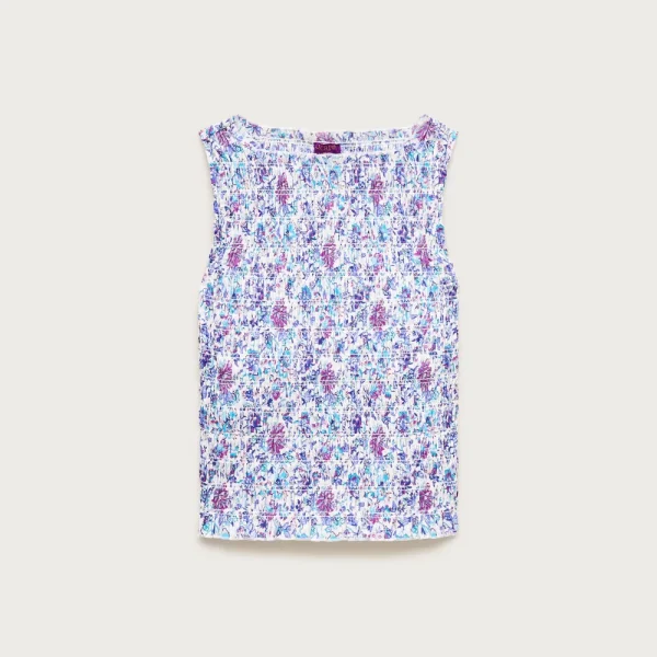 Smocked shell tank top in floral-print cotton