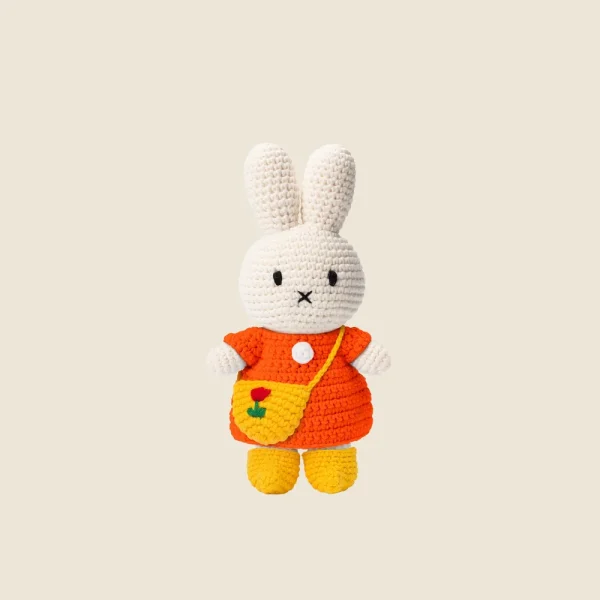 Just Dutch handmade Miffy doll in pink dress and tulip bag
